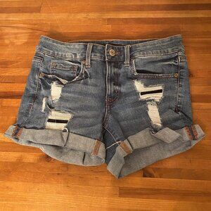 Aero Jean Shorts Distressed Blue Denim Low Rise Midi Women's Size 6